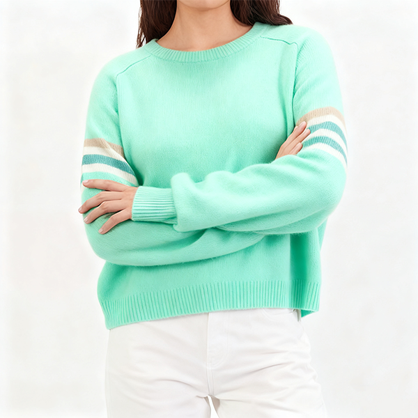 Mint Green Crew Neck Sweater with Striped Accents