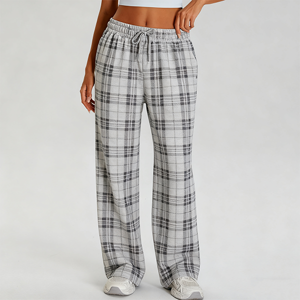 Gray & White Plaid Wide-Leg Sweatpants
