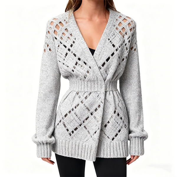 Light Gray Openwork Knit Belted Cardigan Blazer