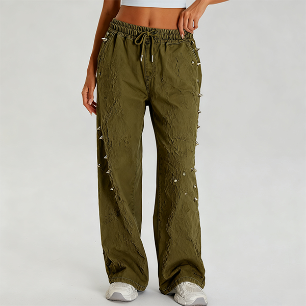 Olive Green Distressed Pants with Spike Studs