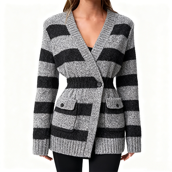 Black and Gray Striped Knit Belted Blazer