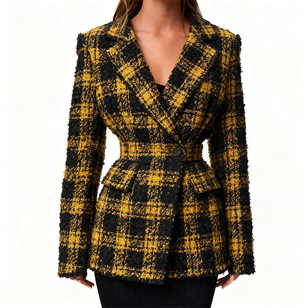 Black & Yellow Plaid Textured Tweed Blazer