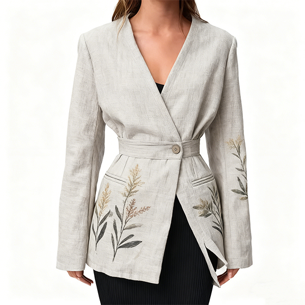 Beige Linen-Blend Blazer with Botanical Embroidery
