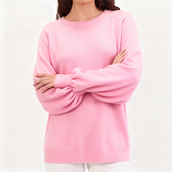 Pastel Pink Crew Neck Sweater with Puff Sleeves