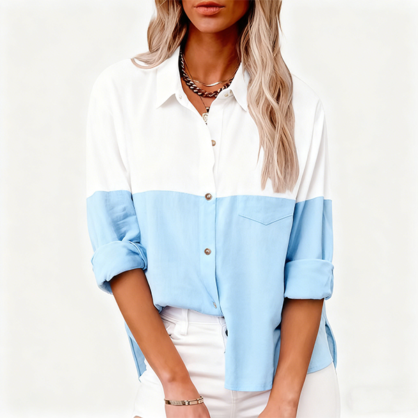 White & Light Blue Block Color Button-Down Shirt