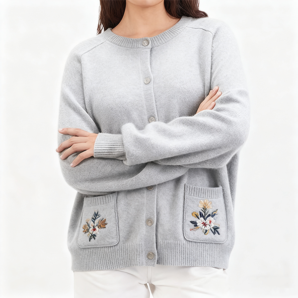 Light Gray Cardigan Sweater with Floral Embroidery