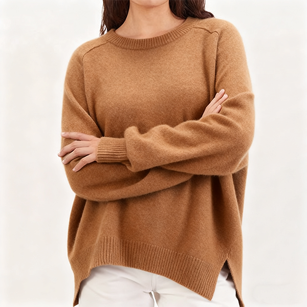 Camel Crew Neck Sweater with Side Slits