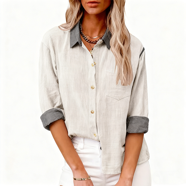 Beige & Gray Contrast Collar Button-Down Shirt
