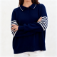 Navy Blue Polo Collar Sweater with Striped Sleeves