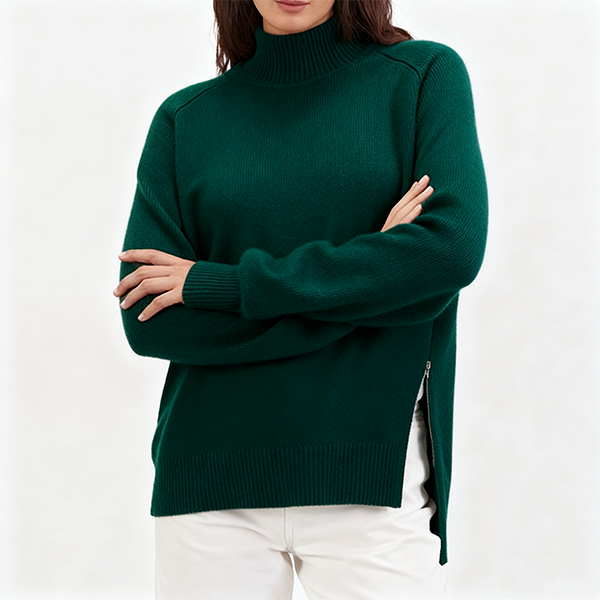 Emerald Green Turtleneck Sweater with Side Zippers