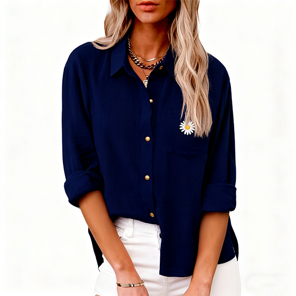 Navy Blue Daisy Embroidered Button-Down Shirt