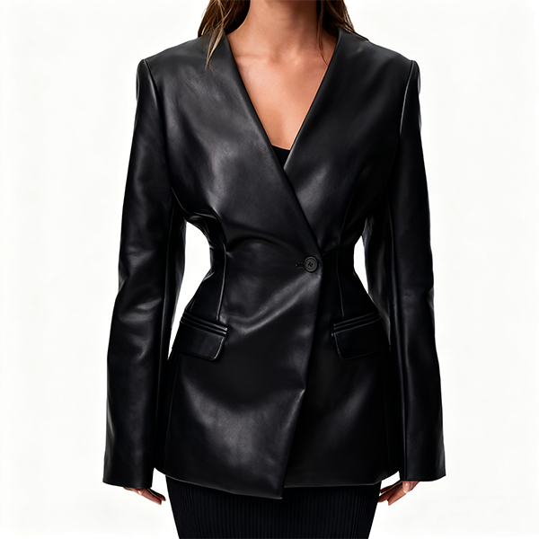 Black Leather-Look Tailored Blazer