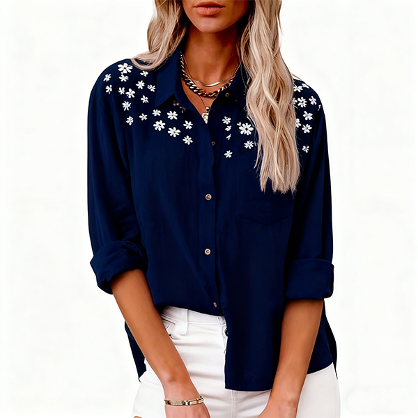 Navy Blue Daisy Print Button-Down Shirt