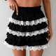 Black & White Tiered Lace Ruffle Elastic Waist Mini Skirt