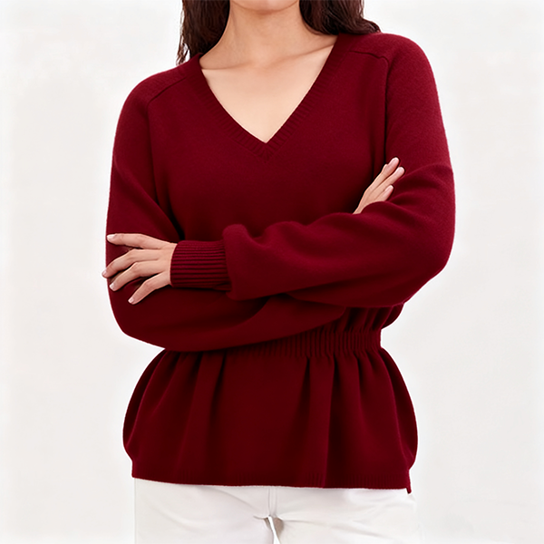 Burgundy V-Neck Peplum Waist Sweater