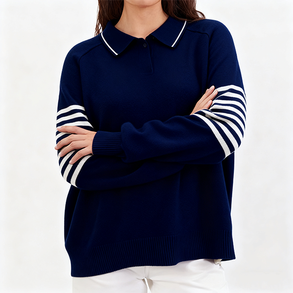 Navy Blue Polo Collar Sweater with Striped Sleeves