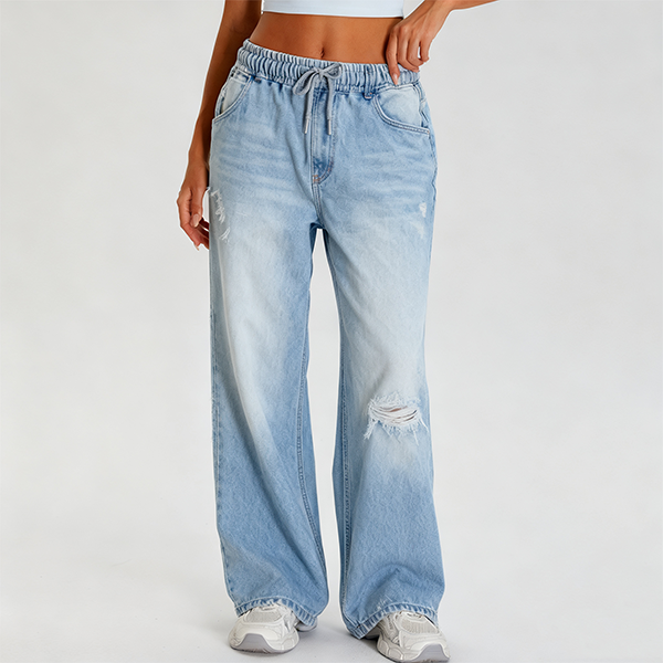 Light Wash Distressed Wide-Leg Jeans