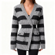 Black and Gray Striped Knit Belted Blazer