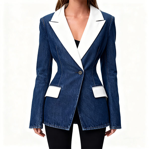 Denim Blazer with White Contrast Lapels & Pockets